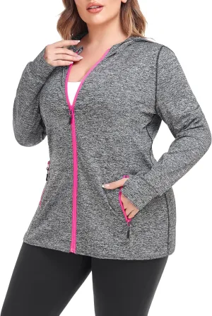 COOTRY Womens Plus Size Workout Jackets Full Zip Up Lightweight Athletic Running Hoodies with Thumb Holes