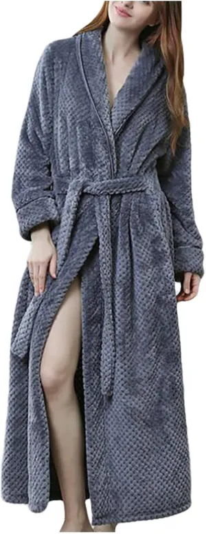 Coral Fleece Bathrobe for Women Full Length Sleepwear Robe Plush Pajamas Gown with Pockets Belt Solid Color Nightwear