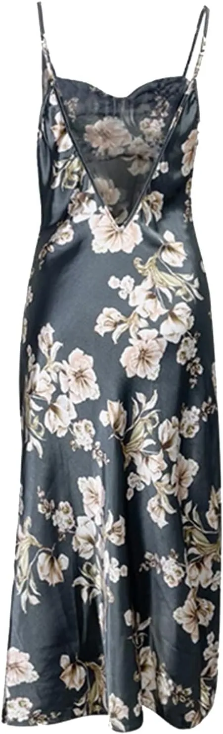 Cowl Neck Satim Pajamsa Dress for Women Summer Floral Printed Camisole Nightgown Sexy Spaghetti Straps Slit Full Slip