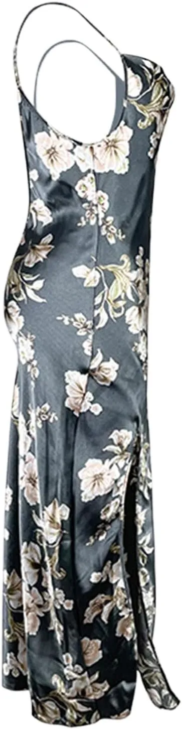 Cowl Neck Satim Pajamsa Dress for Women Summer Floral Printed Camisole Nightgown Sexy Spaghetti Straps Slit Full Slip