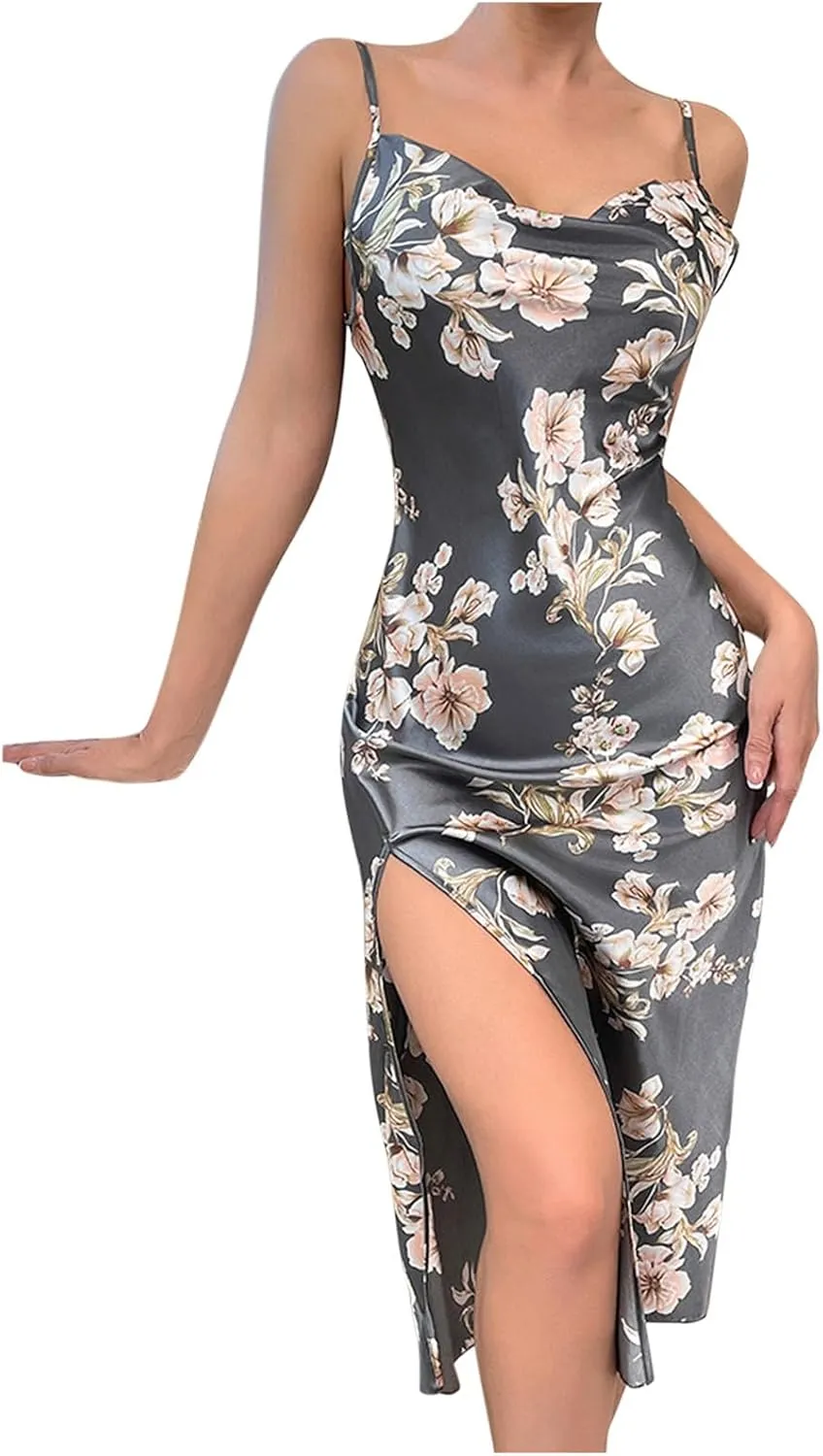 Cowl Neck Satim Pajamsa Dress for Women Summer Floral Printed Camisole Nightgown Sexy Spaghetti Straps Slit Full Slip