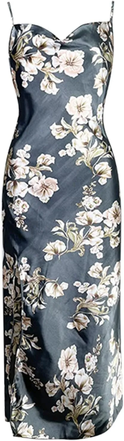 Cowl Neck Satim Pajamsa Dress for Women Summer Floral Printed Camisole Nightgown Sexy Spaghetti Straps Slit Full Slip