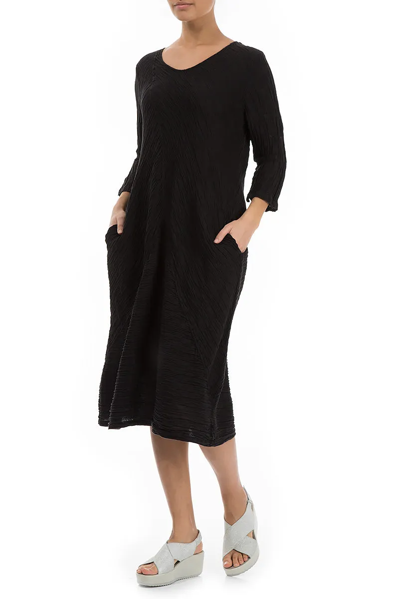 Crinkled Black Silk Midi Dress