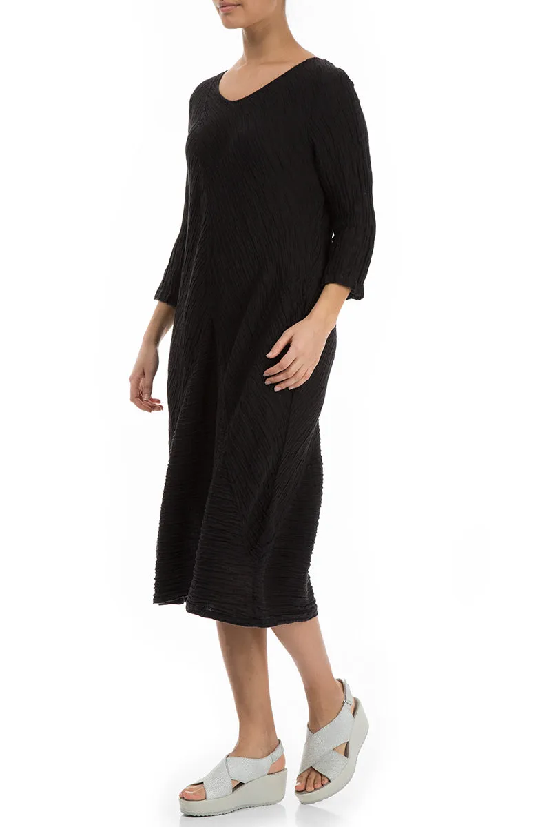 Crinkled Black Silk Midi Dress