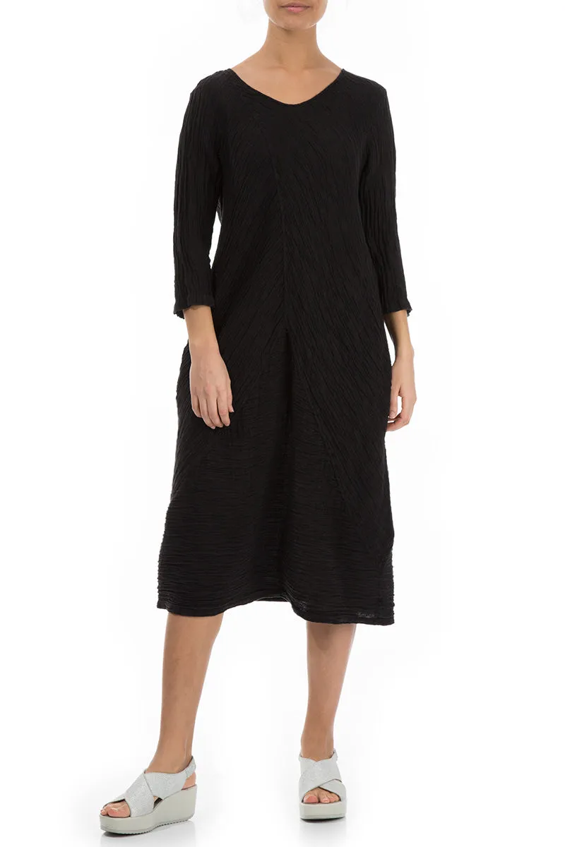 Crinkled Black Silk Midi Dress