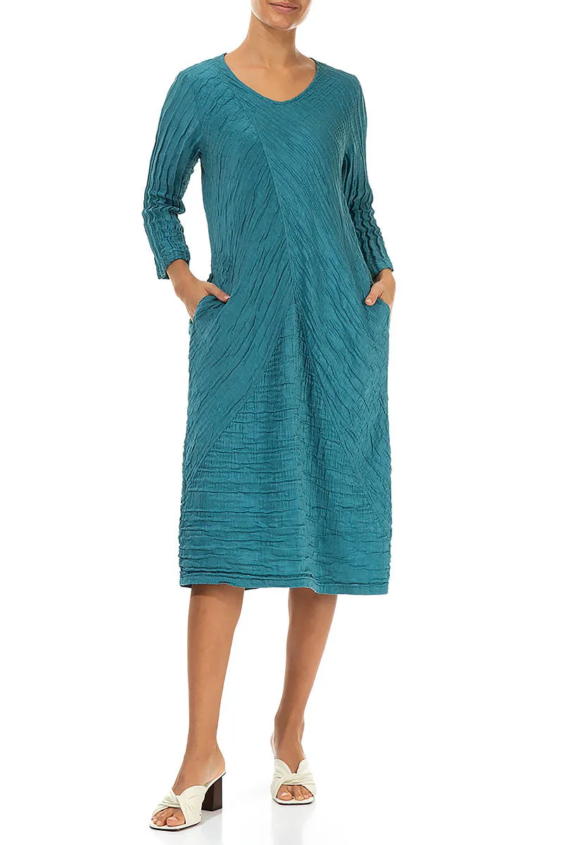 Crinkled Turquoise Silk Linen Midi Dress
