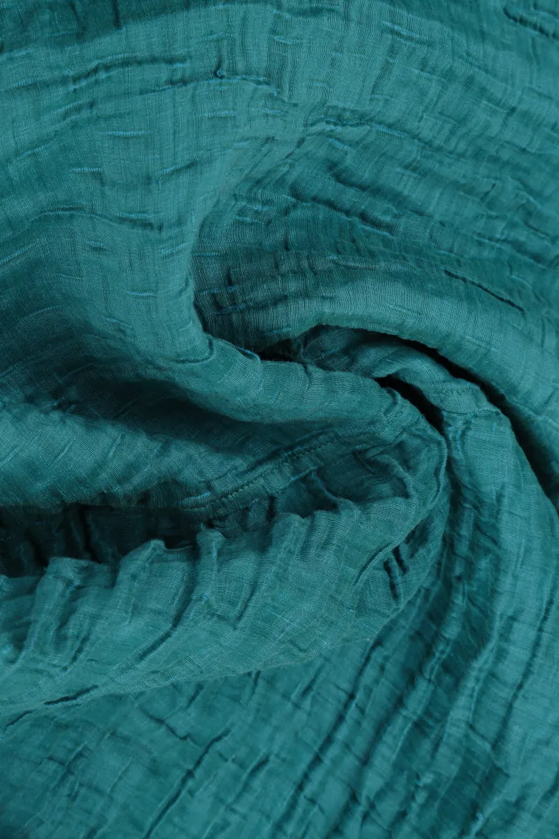 Crinkled Turquoise Silk Linen Midi Dress