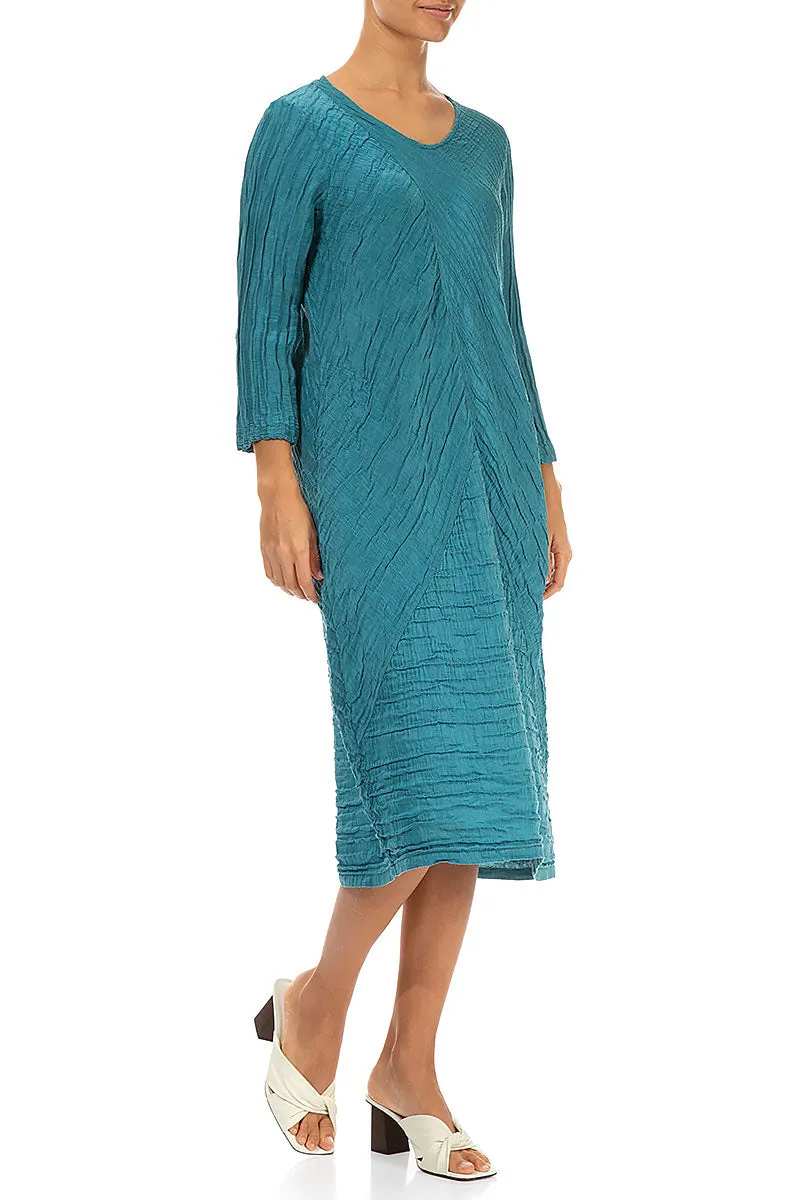 Crinkled Turquoise Silk Linen Midi Dress
