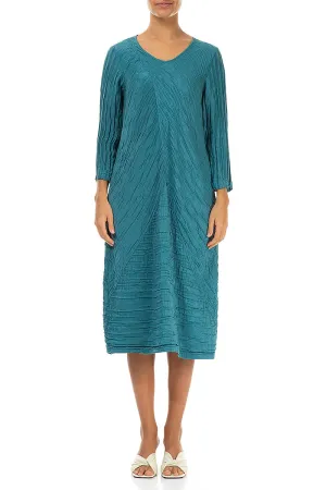 Crinkled Turquoise Silk Linen Midi Dress