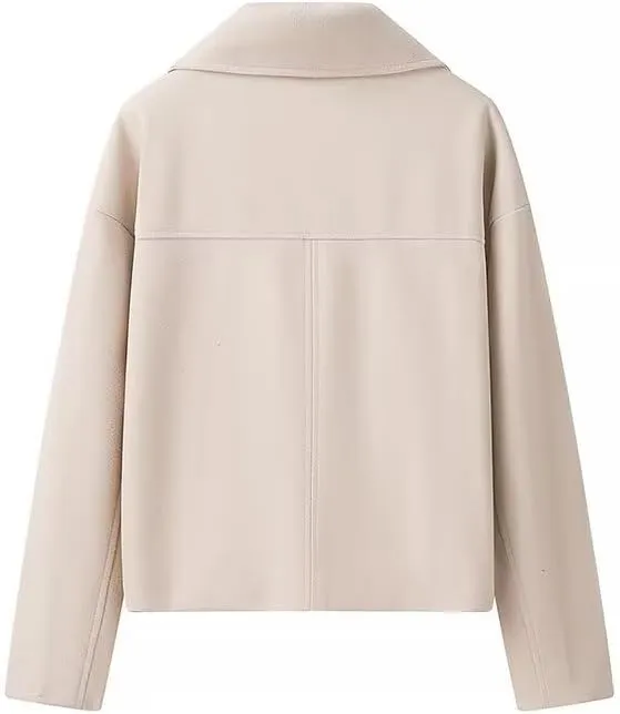 Cropped Trench Coat for Women Long Sleeve Double Breasted Notched Lapel Casual Loose Fit Jackets with Pockets