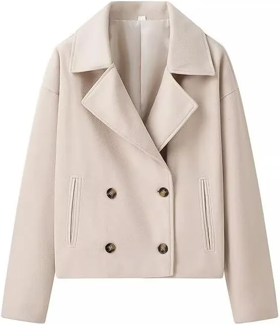 Cropped Trench Coat for Women Long Sleeve Double Breasted Notched Lapel Casual Loose Fit Jackets with Pockets