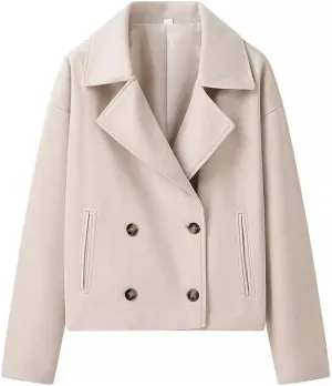 Cropped Trench Coat for Women Long Sleeve Double Breasted Notched Lapel Casual Loose Fit Jackets with Pockets