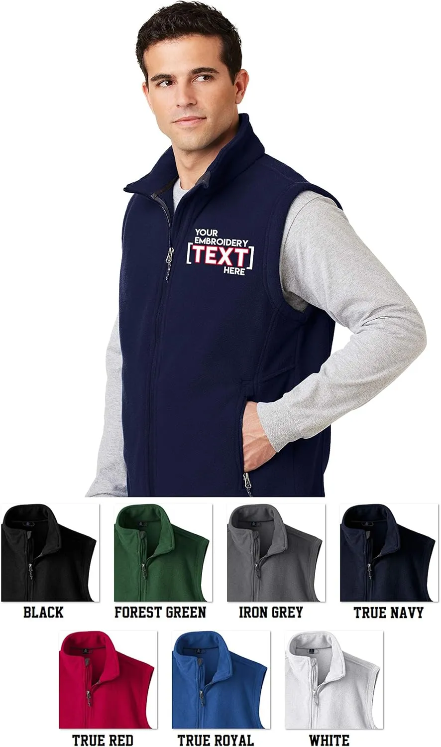 Custom Embroidered Fleece Vest for Men - Add Your Text - Embroidery Zip Up Sleeveless Jacket