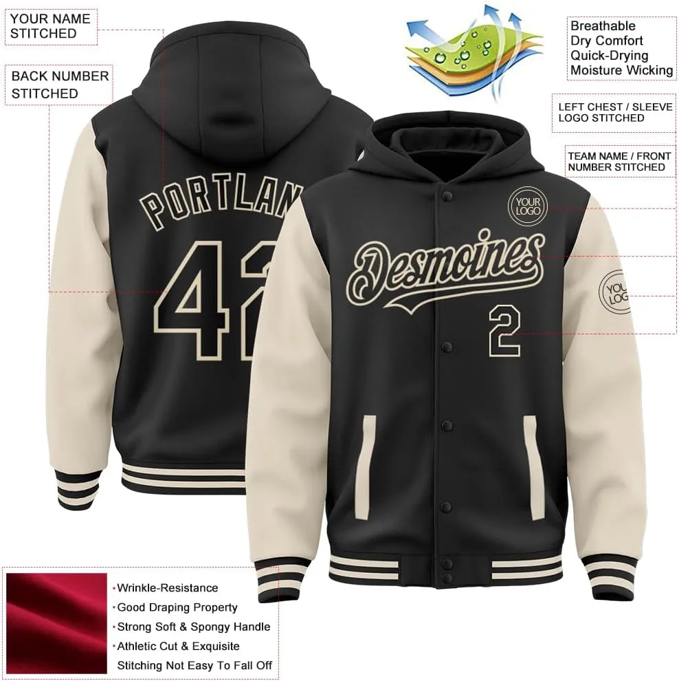 Custom Varsity Hoodie Jackets Cotton Blend Letterman Baseball Leather & Polyester Sleeve Jacket Full Snap Coats
