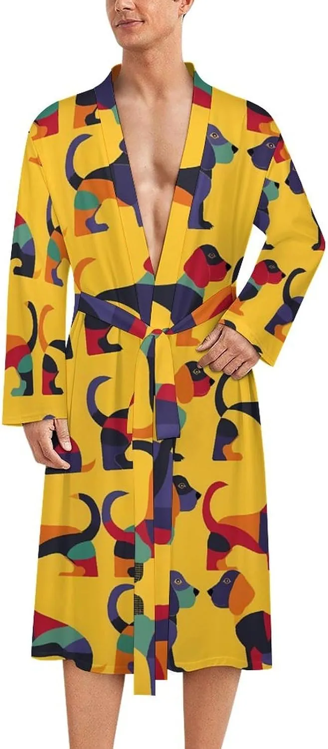 Cute Dachshunds Men's Bathrobes Long Sleeve Loungewear Soft Sleepwear V Neck Nightgown