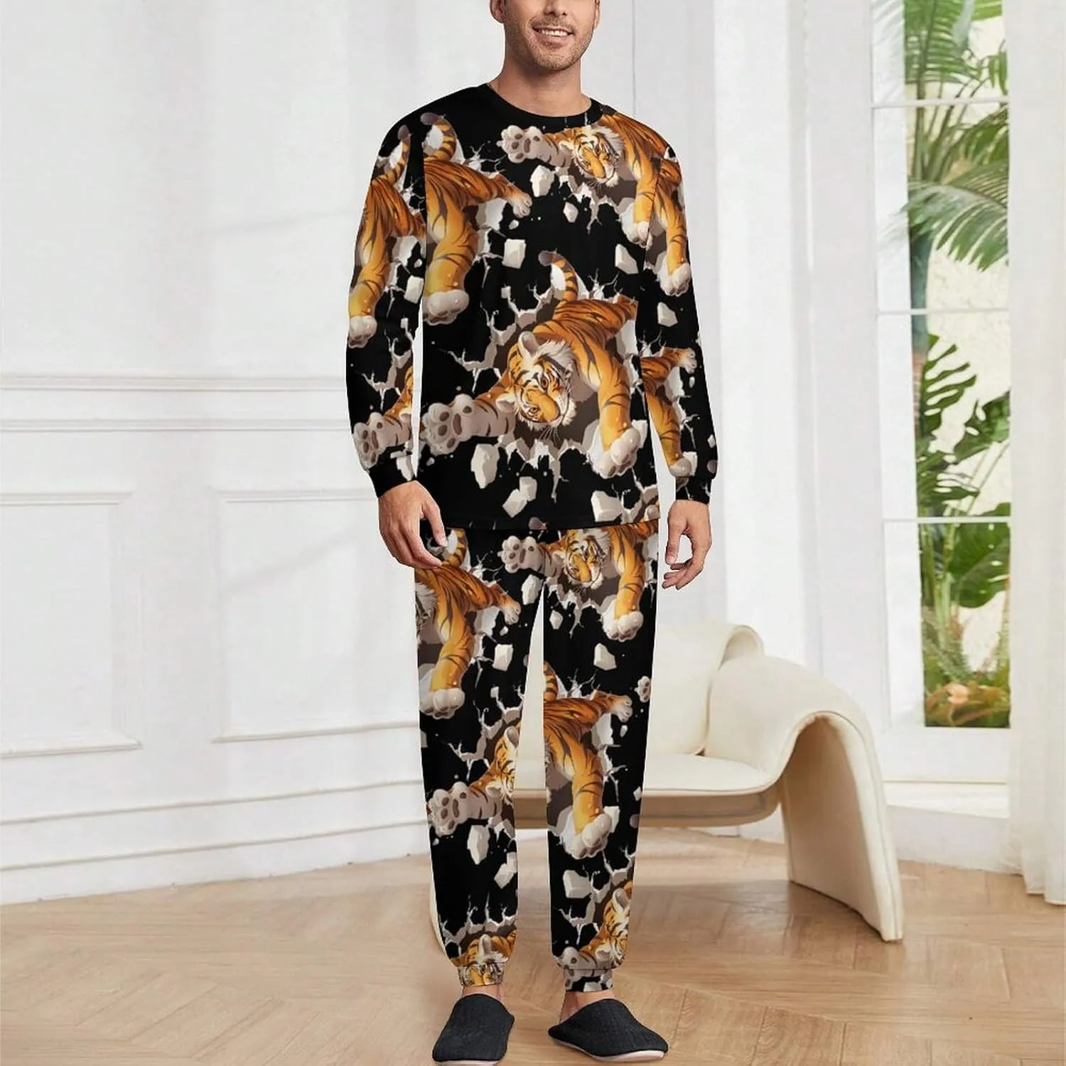 Cute Tiger Men's Pajama Set Casual Sleepwear Pjs Set Crewneck Shirts And Bottoms Comfy Loungewear