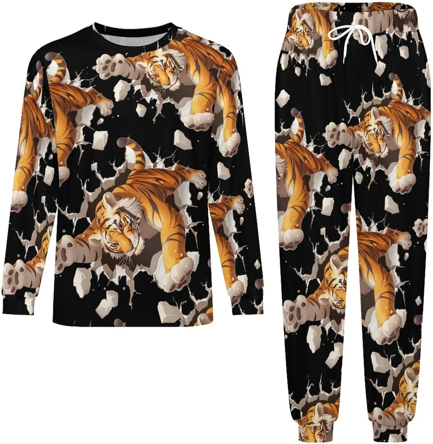 Cute Tiger Men's Pajama Set Casual Sleepwear Pjs Set Crewneck Shirts And Bottoms Comfy Loungewear
