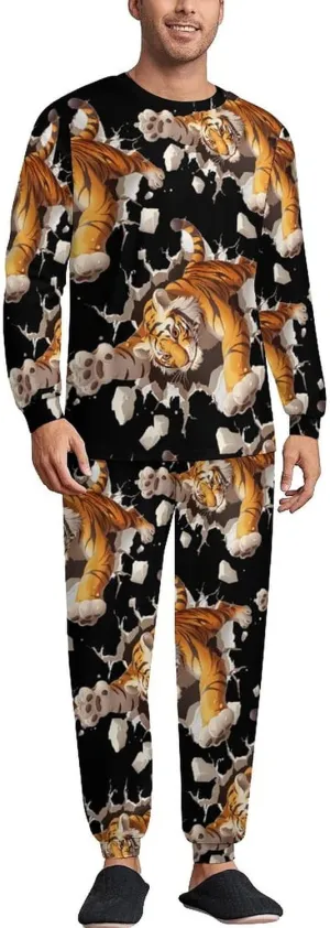 Cute Tiger Men's Pajama Set Casual Sleepwear Pjs Set Crewneck Shirts And Bottoms Comfy Loungewear