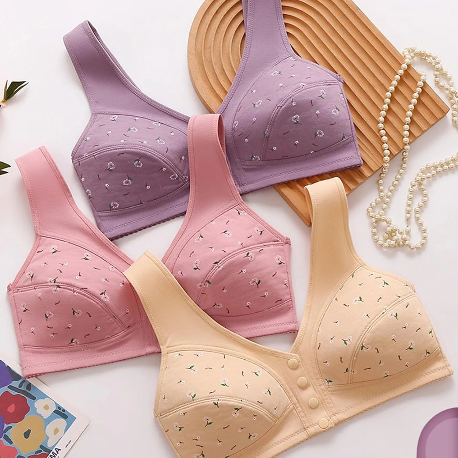 Daisy Bras for Older Women Front Button Close Convenient Everyday Bras 2025 Comfortable No Underwire Gathering Bras
