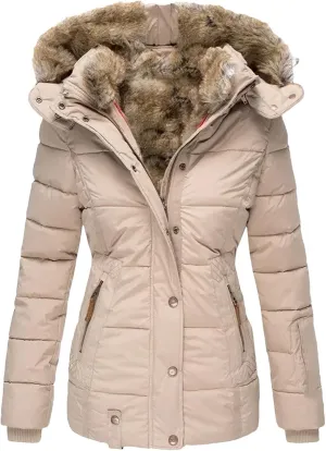 Dcvmvmn Women's Down Cotton Padded Jacket Winter Warm Wool Collar Cotton Coat Slim Fit Hooded Outwear Apricot