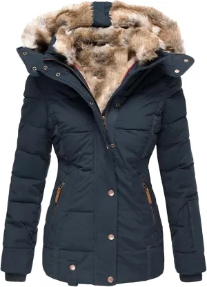 Dcvmvmn Women's Down Cotton Padded Jacket Winter Warm Wool Collar Cotton Coat Slim Fit Hooded Outwear Dark Blue