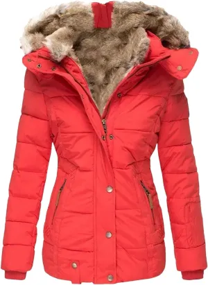 Dcvmvmn Women's Down Cotton Padded Jacket Winter Warm Wool Collar Cotton Coat Slim Fit Hooded Outwear Red