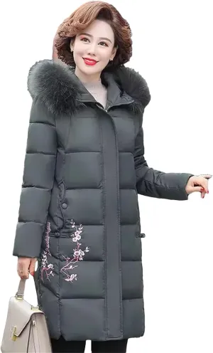 Dcvmvmn Women's Down Jacket Mid-Length Cotton Parka Coat Hooded Short Padded Puffer Overcoat Gray