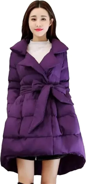Dcvmvmn Women's Long Cotton Jackets Winter Warm Padded Parkas Coat with Belt Puffer Dress Outerwear Purple