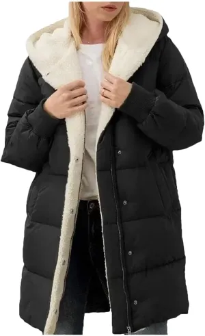 Dcvmvmn Women's Long-Sleeved Cotton-Padded Jackets Double-Sided Fleece Fleece Parkas Winter Hooded Slim-Fit Coats Black