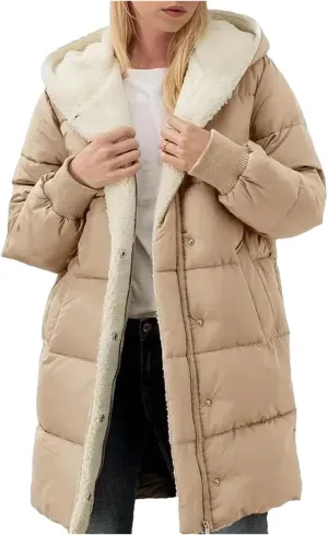 Dcvmvmn Women's Long-Sleeved Cotton-Padded Jackets Double-Sided Fleece Fleece Parkas Winter Hooded Slim-Fit Coats Khaki