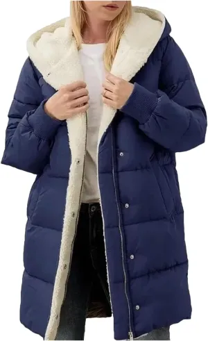 Dcvmvmn Women's Long-Sleeved Cotton-Padded Jackets Double-Sided Fleece Fleece Parkas Winter Hooded Slim-Fit Coats Navy
