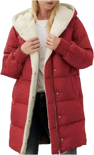 Dcvmvmn Women's Long-Sleeved Cotton-Padded Jackets Double-Sided Fleece Fleece Parkas Winter Hooded Slim-Fit Coats Red