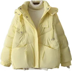 Dcvmvmn Women's Short Down Cotton Jacket Female Loose Hooded Parkas Coat Winter Thick Warm Padded Outwear Yellow