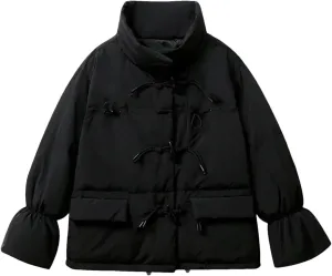 Dcvmvmn Women's Winter Cotton Coat Mock Neck Horn Button Thicken Cotton-Padded Jacket Loose Warm Outerwear Black
