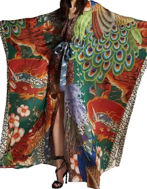 Dectinsign Women's Beach Cover up Dragon and Phoenix Beach Blouse Kimono Cardigan Vacation Robe Bikini Cover Up One Size