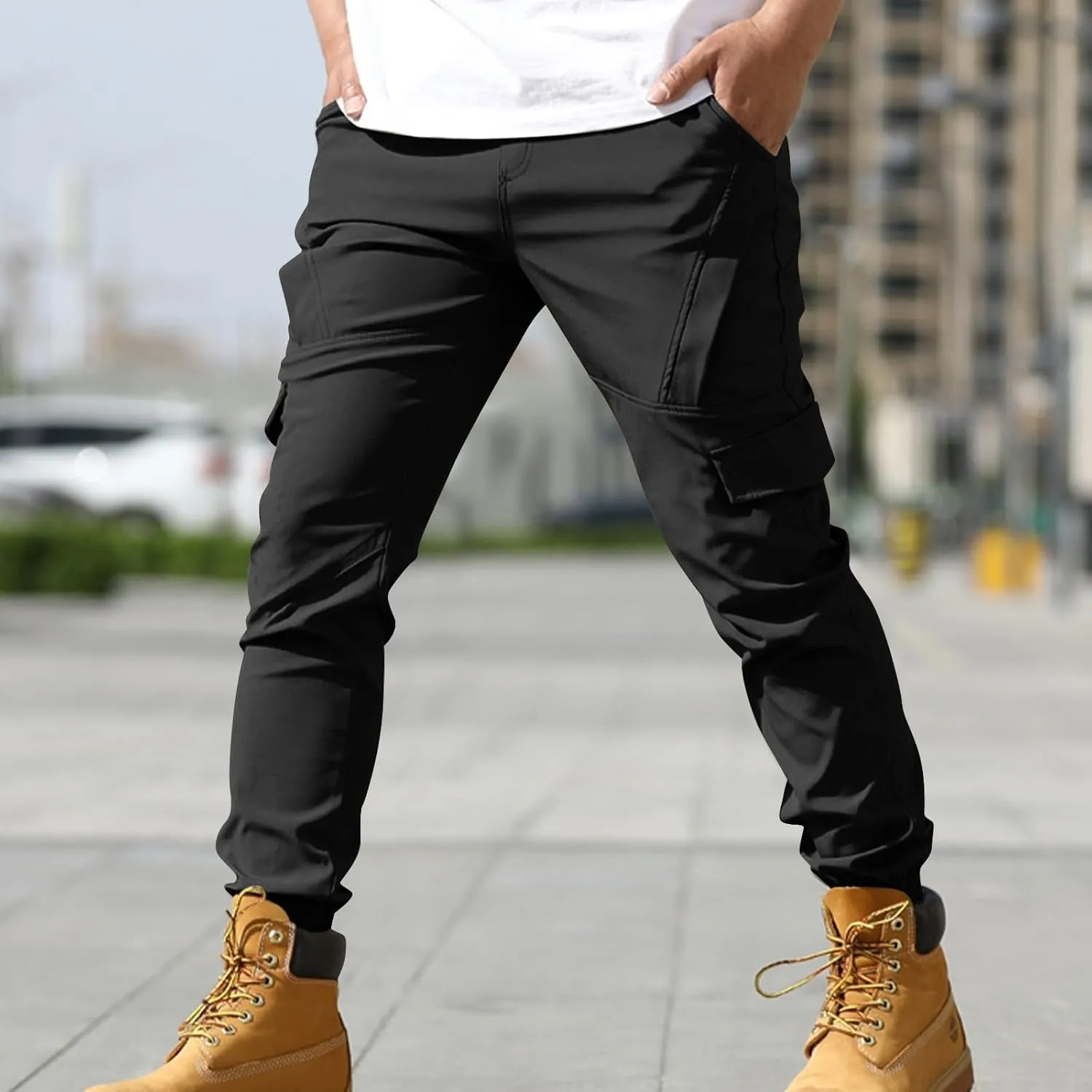 Dgoopd Work Cargo Pants for Men Slim Drawstring Elastic Waist Straight Leg Tactical Pants Multi Pocket Trousers