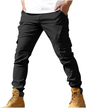 Dgoopd Work Cargo Pants for Men Slim Drawstring Elastic Waist Straight Leg Tactical Pants Multi Pocket Trousers