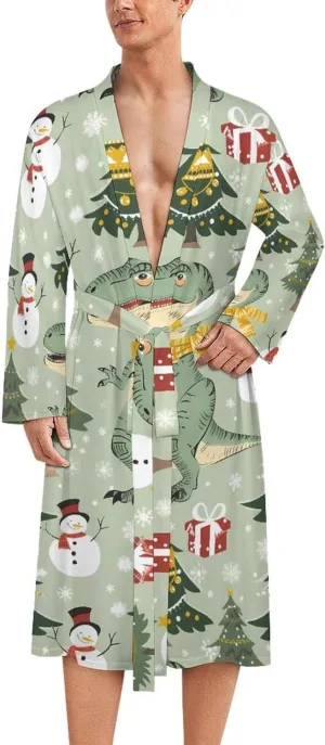 Dinosaur Men's Bathrobes Long Sleeve Loungewear Soft Sleepwear V Neck Nightgown