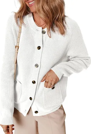 Dokotoo Cardigan Sweaters for Women Casual Long Sleeve Crewneck Button Down Cable Knit Sweater Tops with Pockets