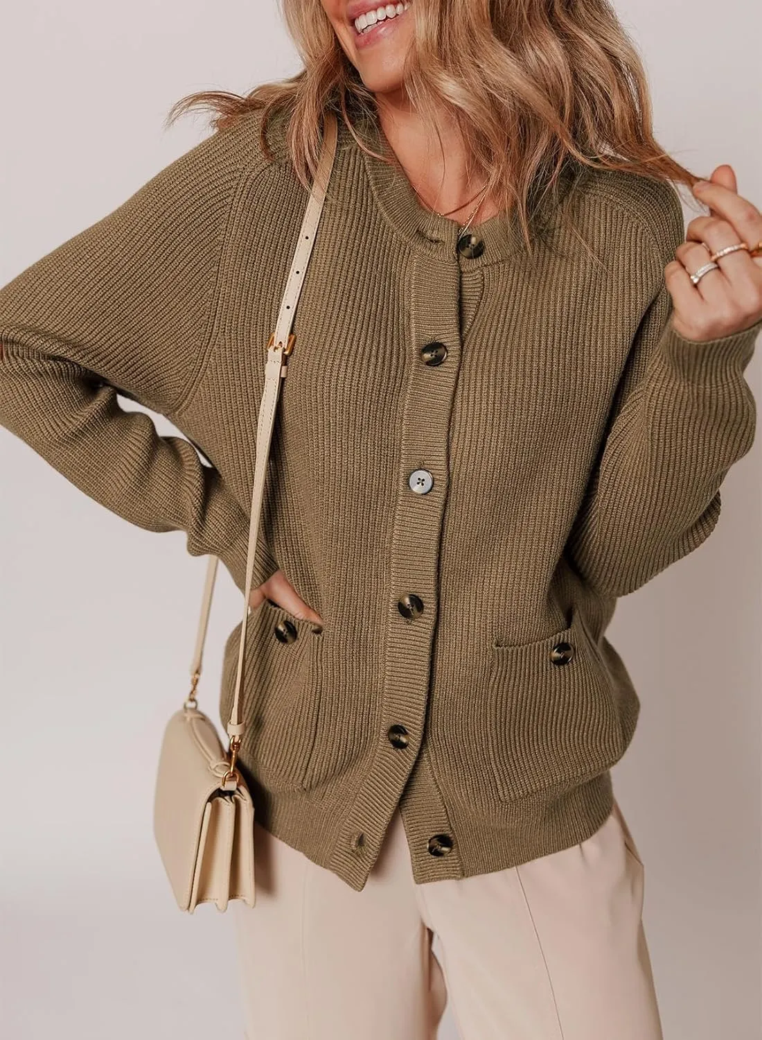 Dokotoo Cardigan Sweaters for Women Casual Long Sleeve Crewneck Button Down Cable Knit Sweater Tops with Pockets