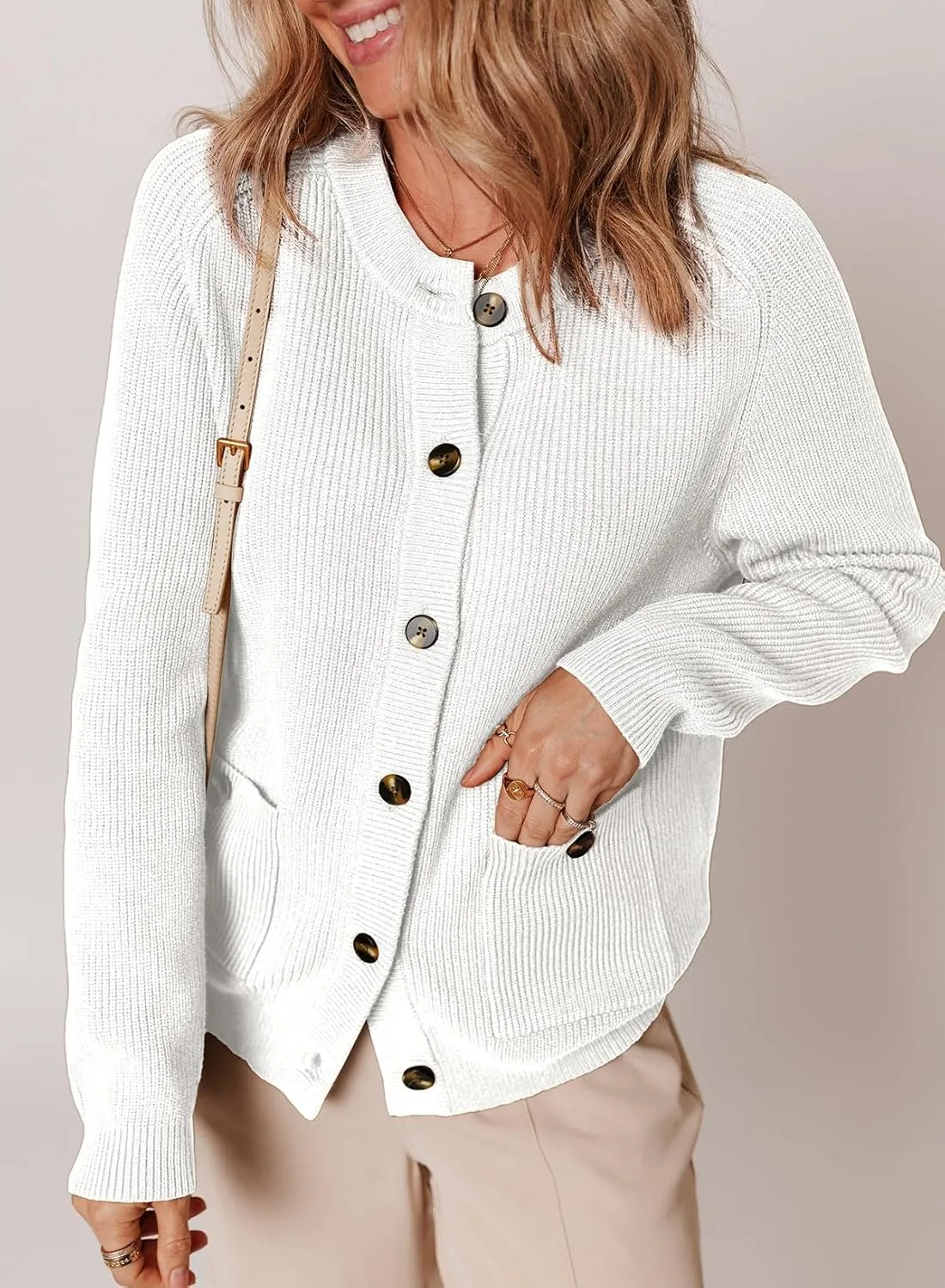 Dokotoo Cardigan Sweaters for Women Casual Long Sleeve Crewneck Button Down Cable Knit Sweater Tops with Pockets