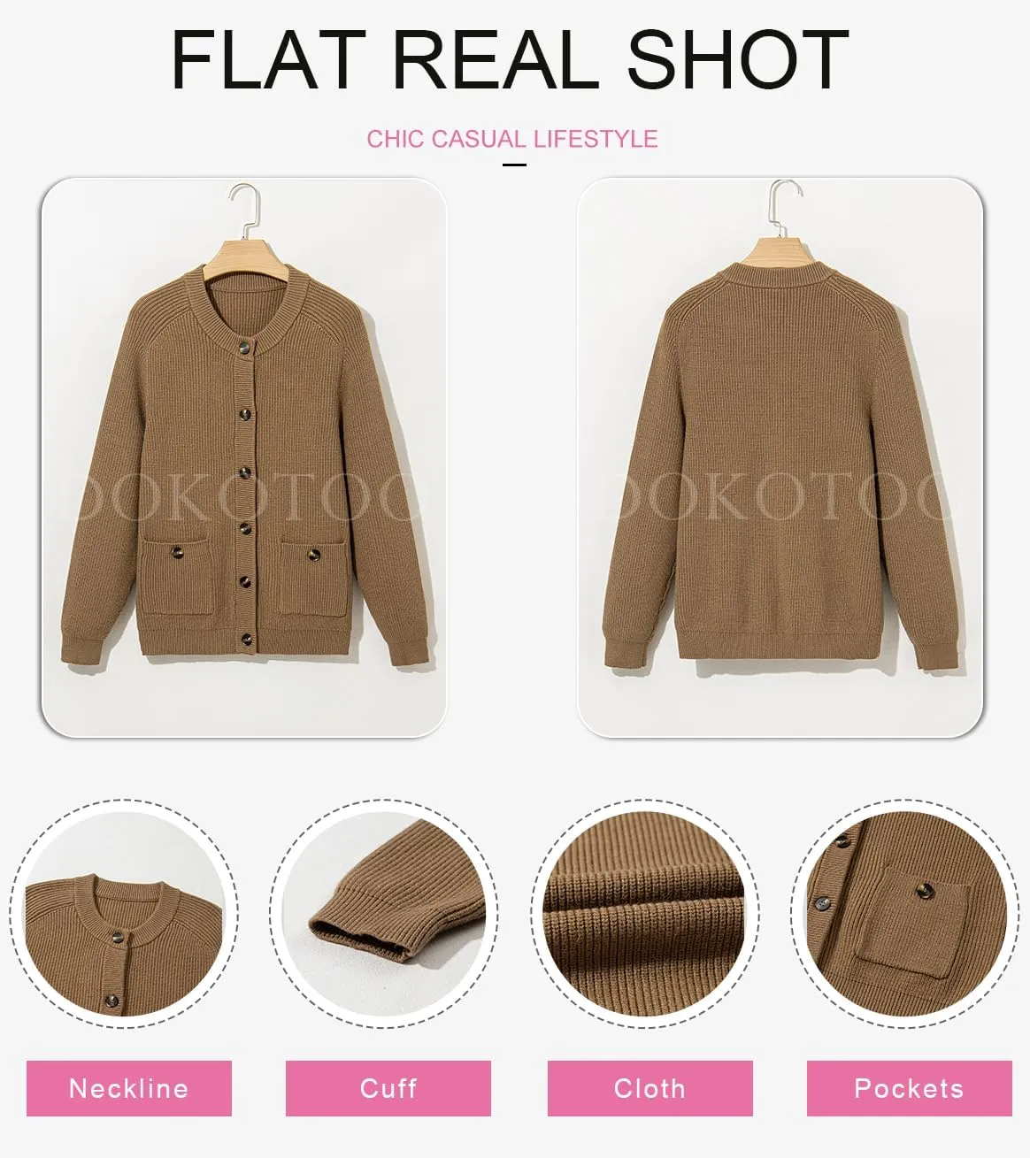 Dokotoo Cardigan Sweaters for Women Casual Long Sleeve Crewneck Button Down Cable Knit Sweater Tops with Pockets