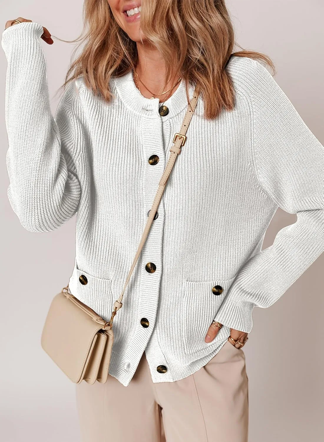 Dokotoo Cardigan Sweaters for Women Casual Long Sleeve Crewneck Button Down Cable Knit Sweater Tops with Pockets