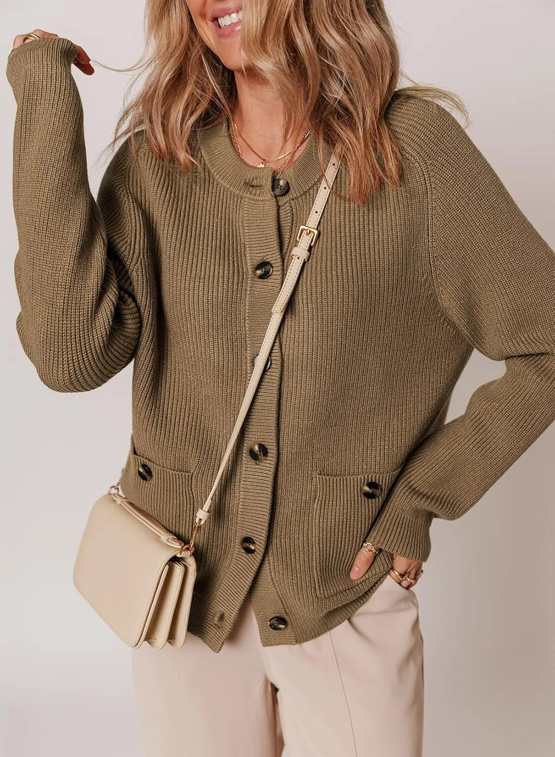 Dokotoo Cardigan Sweaters for Women Casual Long Sleeve Crewneck Button Down Cable Knit Sweater Tops with Pockets
