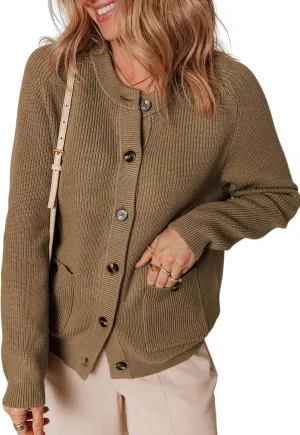 Dokotoo Cardigan Sweaters for Women Casual Long Sleeve Crewneck Button Down Cable Knit Sweater Tops with Pockets