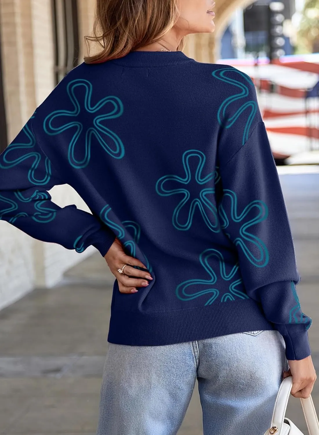Dokotoo Sweaters for Women Casual Crewneck Long Sleeve Floral Print Cable Knit Pullover Sweater Tops