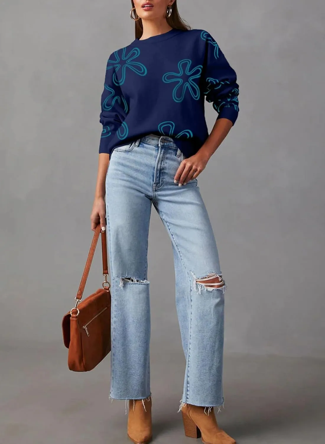 Dokotoo Sweaters for Women Casual Crewneck Long Sleeve Floral Print Cable Knit Pullover Sweater Tops