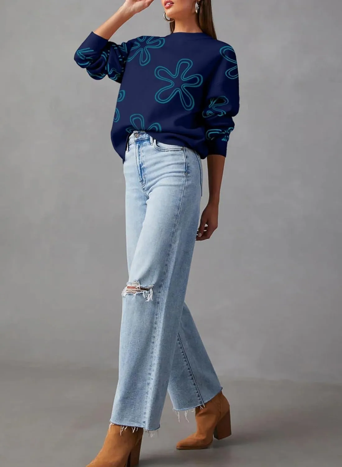 Dokotoo Sweaters for Women Casual Crewneck Long Sleeve Floral Print Cable Knit Pullover Sweater Tops