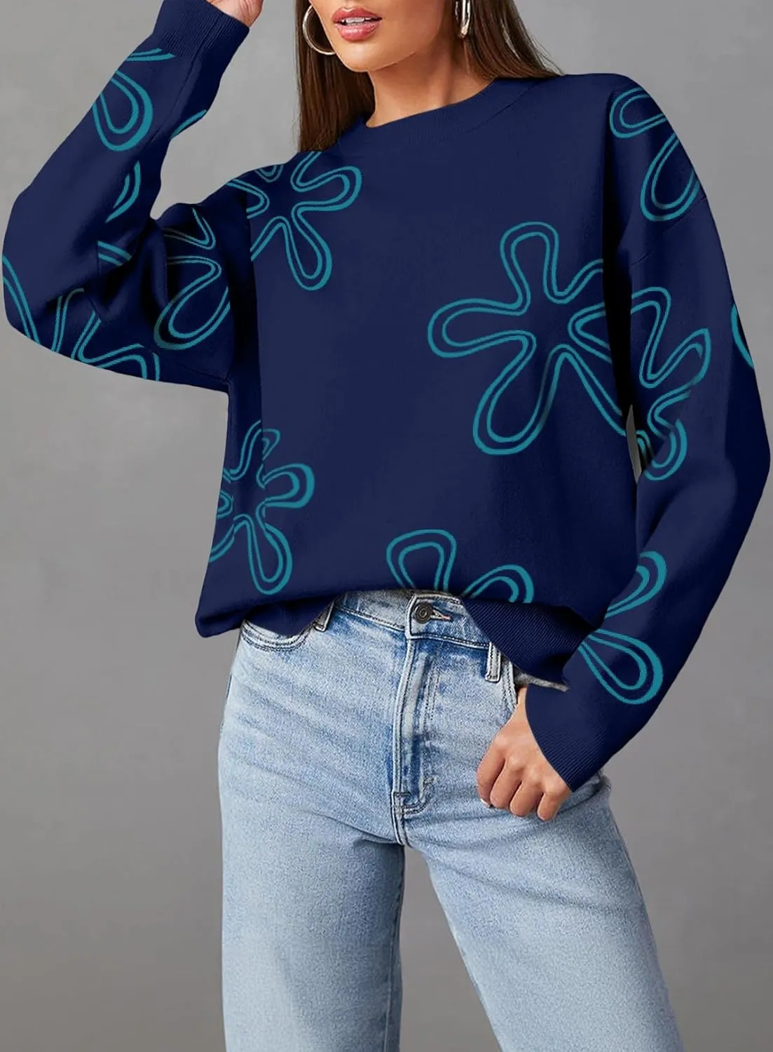Dokotoo Sweaters for Women Casual Crewneck Long Sleeve Floral Print Cable Knit Pullover Sweater Tops