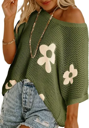 Dokotoo Womens Floral Fashion Summer Tops 2025 Short Sleeve Crochet Sweaters Swimsuit Cover Ups Lightweight Knit Pullover